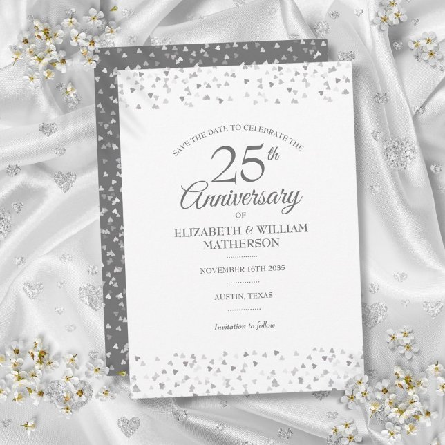 Convites Data de Salvamento do 25º Aniversário Corações de  (25th Anniversary Save the Date Silver Hearts Invitation)