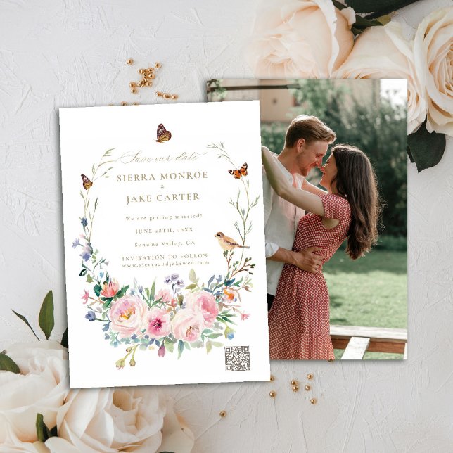 Convites Data de Salvamento do Casamento de Código QR Botân (garden wedding save the date photo QR code wildflowers roses enchanted woodland forest butterflies)