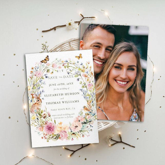 Convites Data de Salvamento do Casamento de Foto Chic em Fl (wildflowers wedding save the date photo enchanted garden woodland forest butterfly rabbit fairytale)