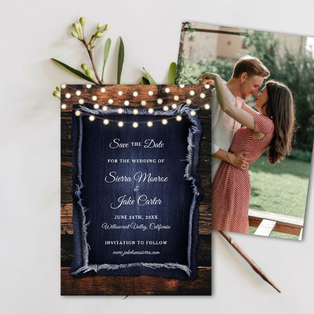 Convites Data de Salvamento do Casamento de Foto da Caligra (rustic wedding save the date barn wood denim string lights ranch country western calligraphy)