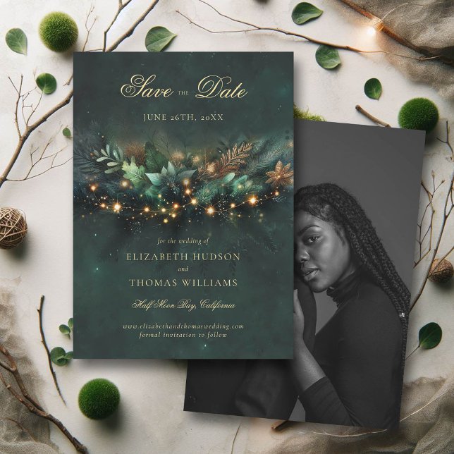 Convites Data de Salvamento do Casamento de Foto da Florest (wedding save the date enchanted forest fairytale magical garden fairy lights gold calligraphy)