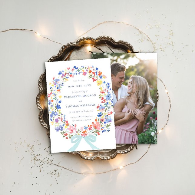 Convites Data de Salvamento do Casamento de Foto do Arco Az (wildflowers wedding save the date photo enchanted garden blue bow watercolor elegant rustic)