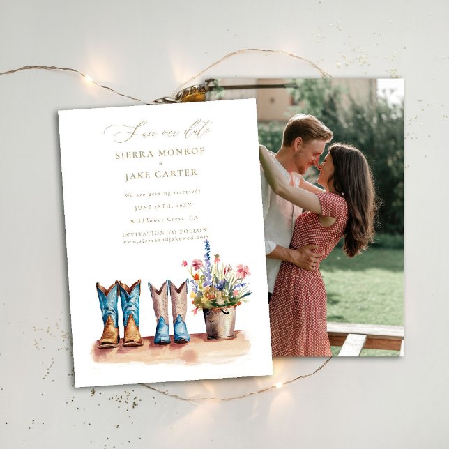 Convites Data de Salvamento do Casamento de Foto em Quadrin (rustic country western wedding save the date photo wildflowers fairytale barn ranch countryside chic)