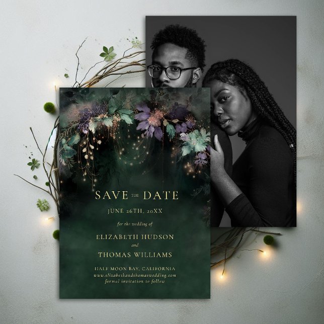 Convites Data de Salvamento do Casamento de Foto Verde de H (enchanted forest wedding save the date hunter green emerald sage lavender photo template elegant)