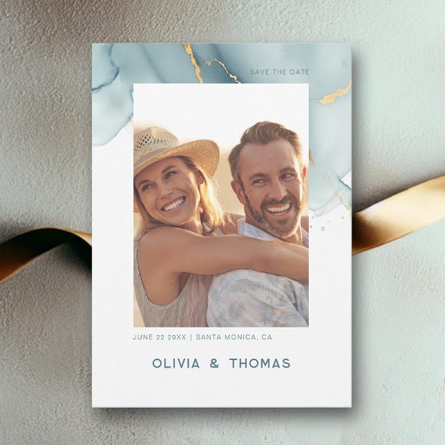 Convites Data de Salvamento do Casamento de Praia Moderna D (dusty blue photo save the date gold beach waves elegant bohemian modern romantic summer all seasons)