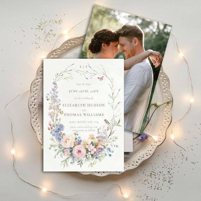 Convites Data de Salvamento do Casamento Elegante do Jardim (wildflowers wedding save the date photo enchanted garden woodland forest butterflies chic fairytale)