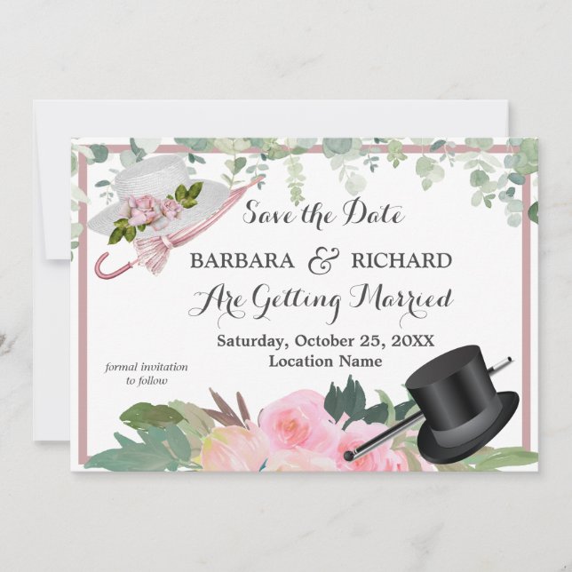 Convites Data de Salvamento do Casamento Floral de Rosa Ros (Frente)