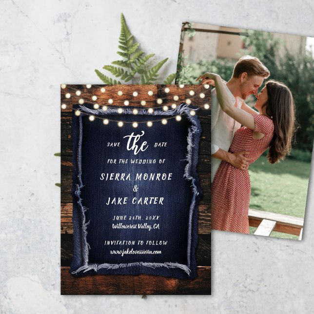 Convites Data de Salvamento do Casamento Fotográfico Escrit (rustic wedding save the date barn wood denim string lights ranch country western hand written)