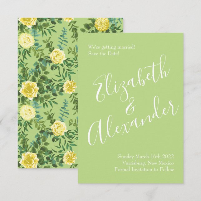 Convites Data de salvamento do casamento verde e amarelo cl (Frente/Verso)