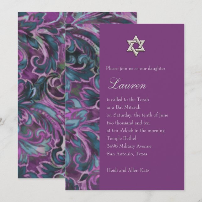Convites Dazzling Damask Purple and Teal (Frente/Verso)