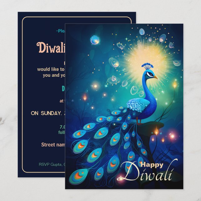 Convites Dazzling Diwali Delight: O verdadeiro 🦚 Peacock (Frente/Verso)