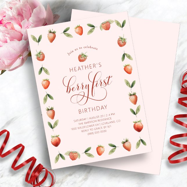 Convites de 1º Aniversário Berry First (Pink Berry First Photo Birthday Invitation by Painted Paperie
)