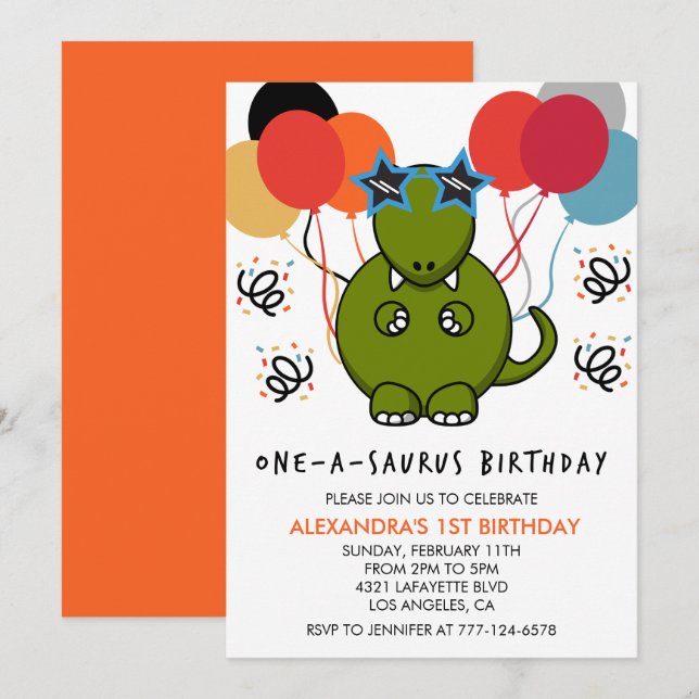 Convites de 1º aniversário de Dinossauro Menina Di (Frente/Verso)