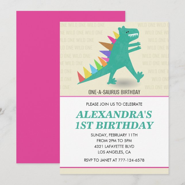 Convites de 1º aniversário de Dinossauro Menina ro (Frente/Verso)