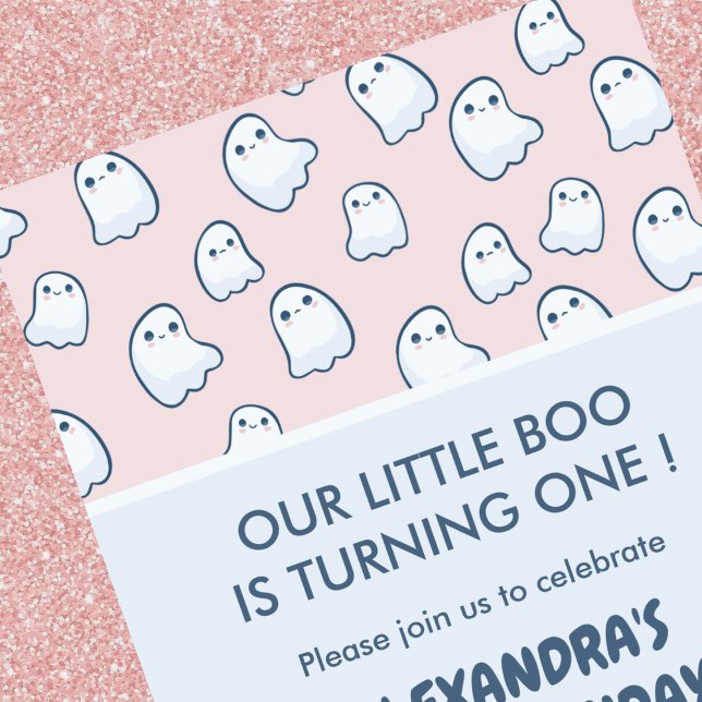 Convites de 1º aniversário de Halloween fantasma r (Halloween 1st birthday invitations pink ghost 1)