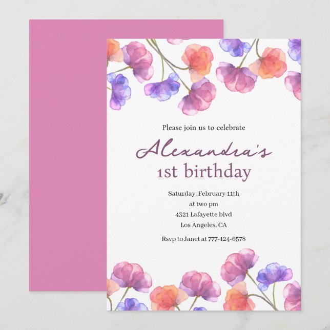 Convites de 1º aniversário Elegantes Floral Chic (Frente/Verso)