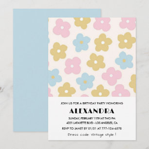 Convites de 1º aniversário Floral Rosa Azul Retro