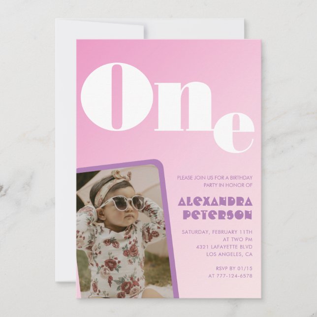 convites de 1º aniversário menina Gradiente Rosa F (Frente)