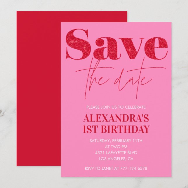 Convites de 1º aniversário Rosa Save the date Chic (Frente/Verso)