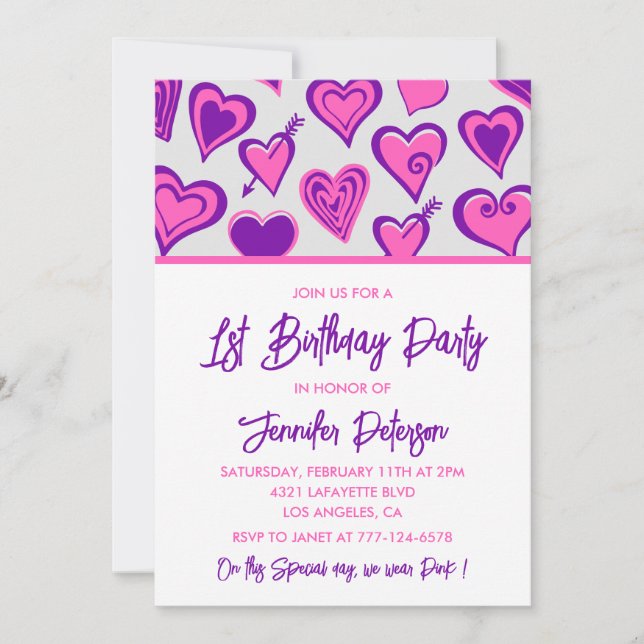 convites de 1º aniversário simples Glam Heart (Frente)