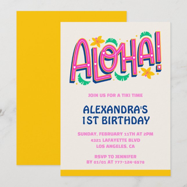 convites de 1º aniversário Tropical Aloha Havaí (Frente/Verso)