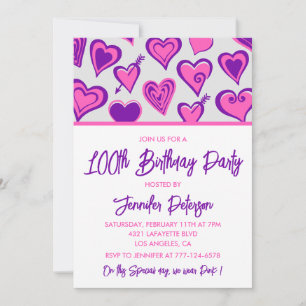 Convites de 100º aniversário simples Glam Heart