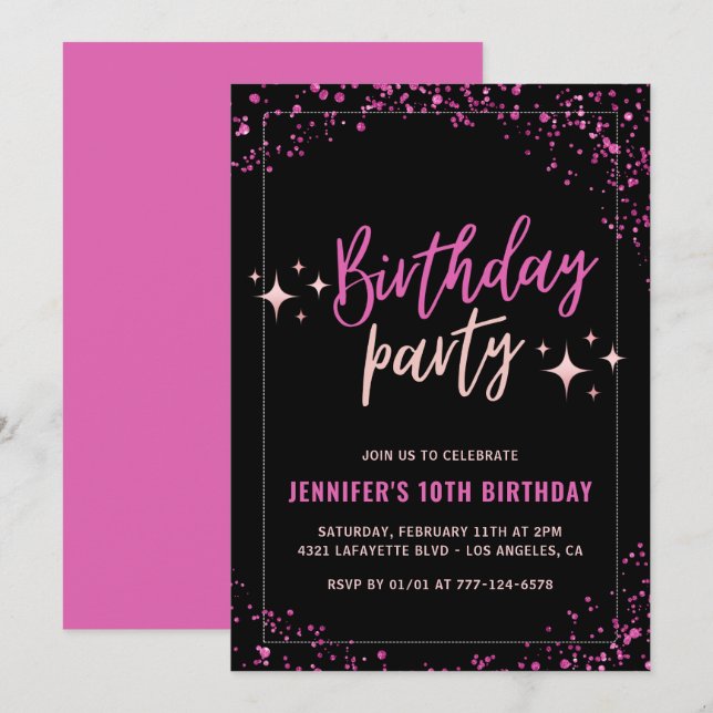 Convites de 10 anos, cor-de-rosa, Glitter Party Gl (Frente/Verso)
