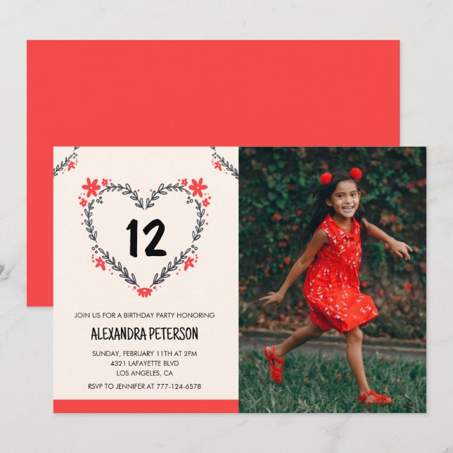 convites de 12º aniversário para ela Floral Heart (Frente/Verso)