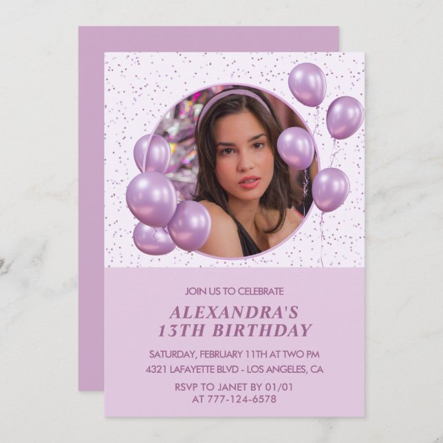 Convites de 13 de aniversário Balões Foto Roxo (Frente/Verso)