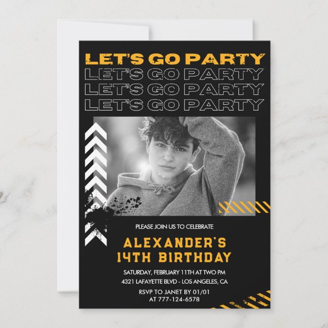 Convites de 14º aniversário preto para menino com  (Frente)