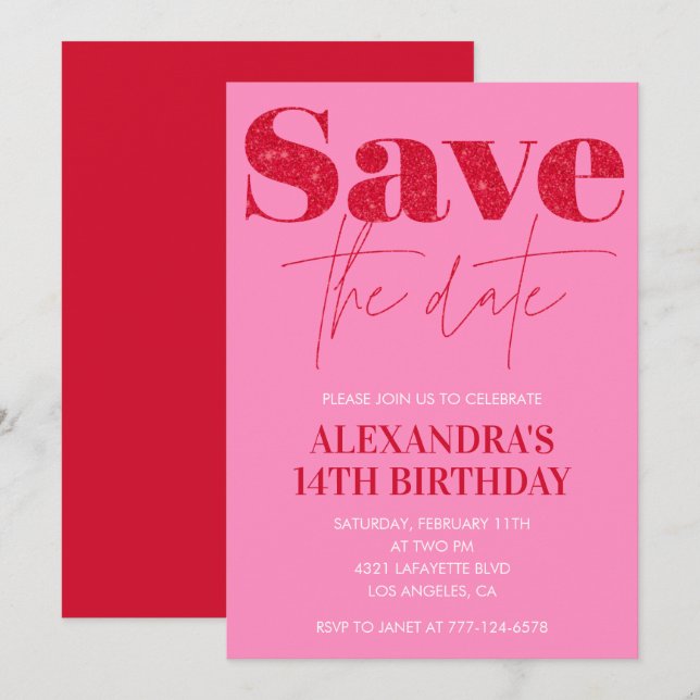 Convites de 14º aniversário rosa Salve a data Chic (Frente/Verso)