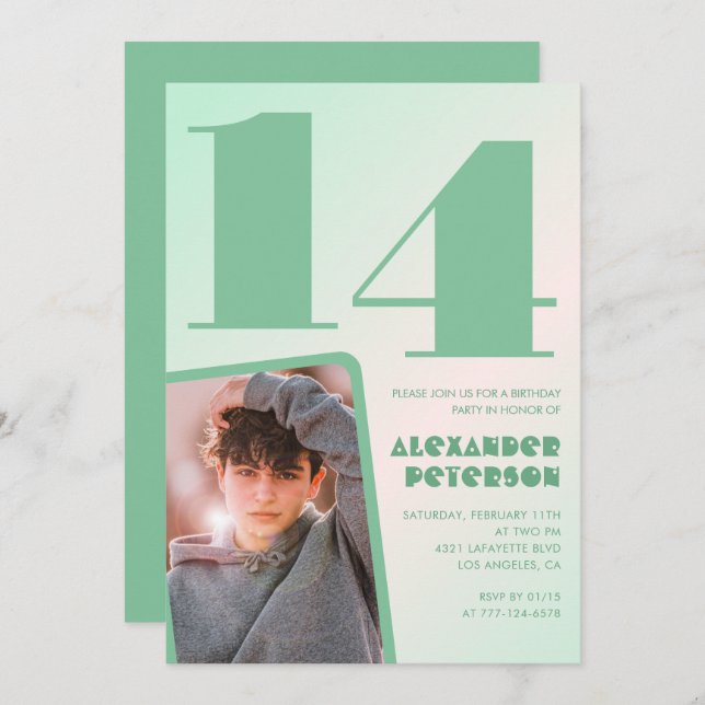 Convites de 14 de aniversário de gradiente verde F (Frente/Verso)