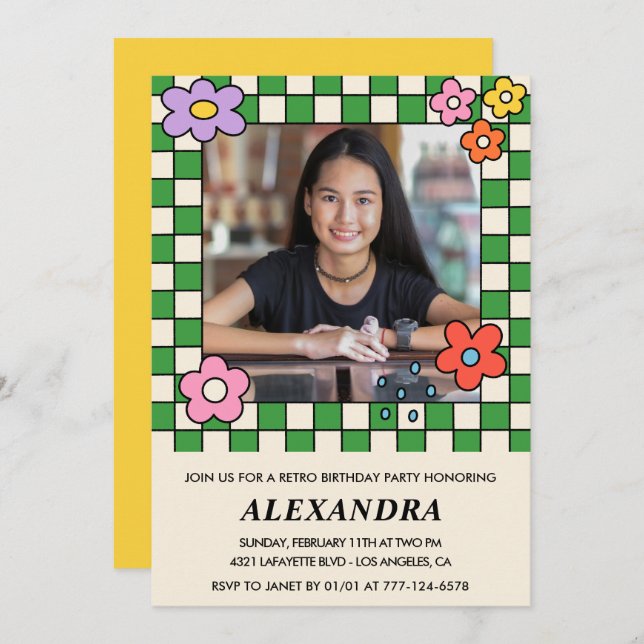 Convites de 14 de aniversário Flores Retro Groovy (Frente/Verso)