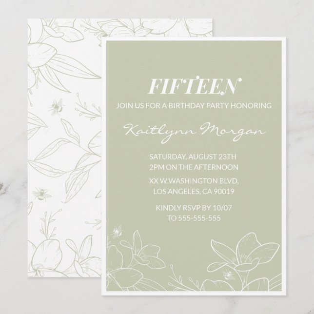 Convites de 15 anos elegantes Floral Moderno (Frente/Verso)