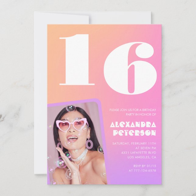 Convites de 16º aniversário rosa para sua foto ret (Frente)