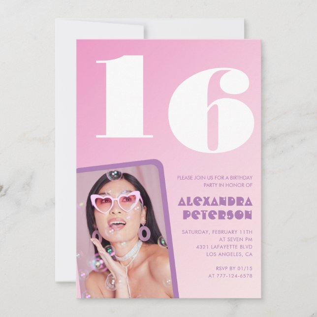 Convites de 16 anos, cor-de-rosa Foto retroativa (Frente)