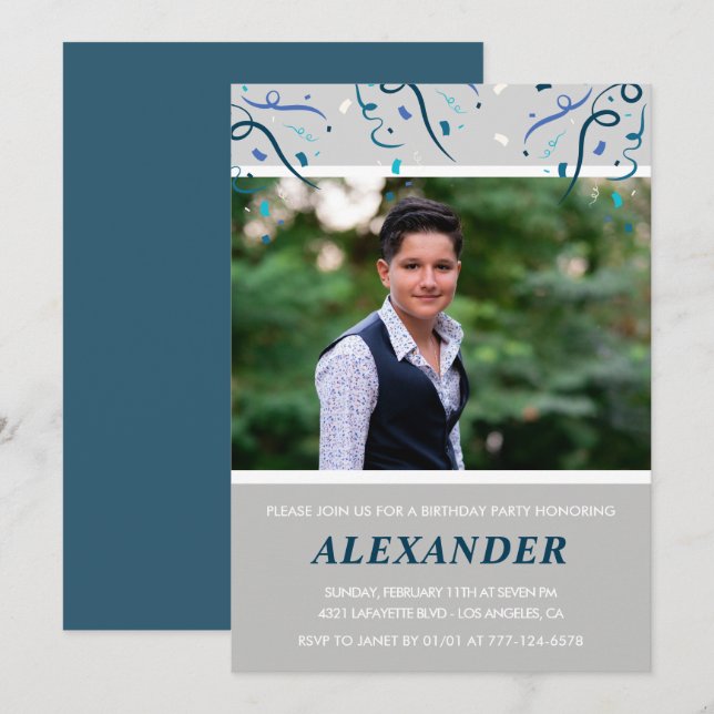 Convites de 17 anos Men Confetti Foto Marinho (Frente/Verso)