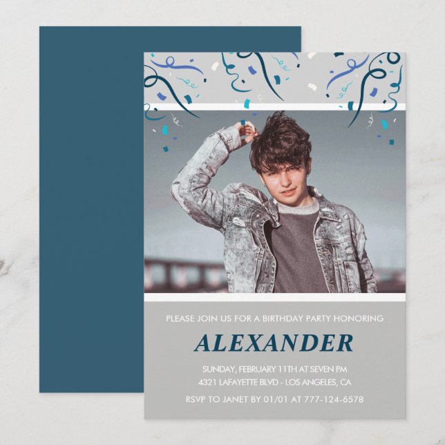 Convites de 18 anos Men Confetti Foto Marinho (Frente/Verso)