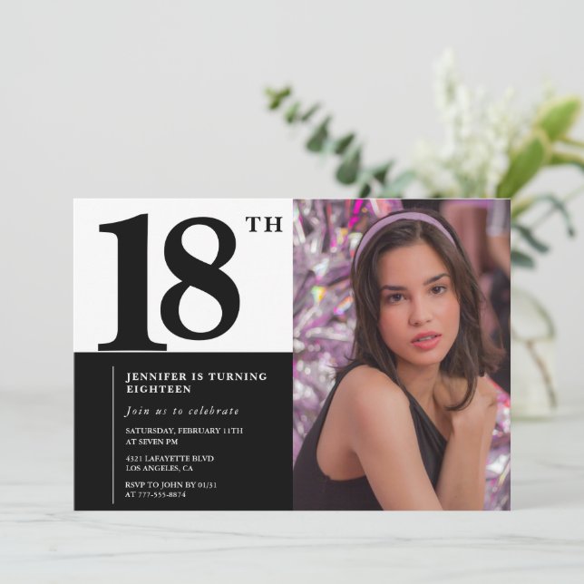 Convites de 18 anos preto Elegante Chique (Em pé/Frente)