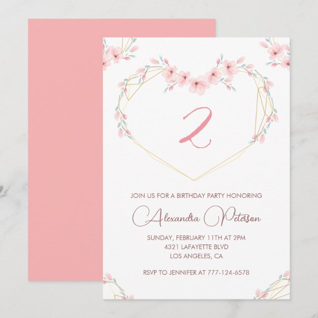 Convites de 2º aniversário elegantes Floral Rosa (Frente/Verso)