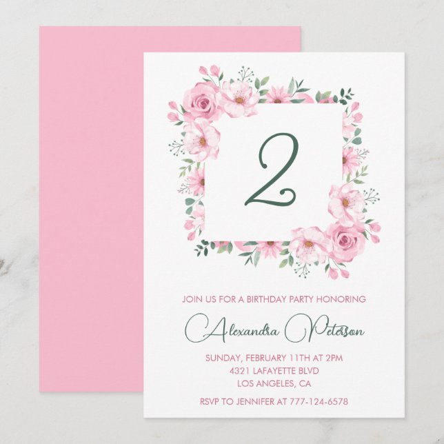 Convites de 2º aniversário elegantes Floral Rosa (Frente/Verso)