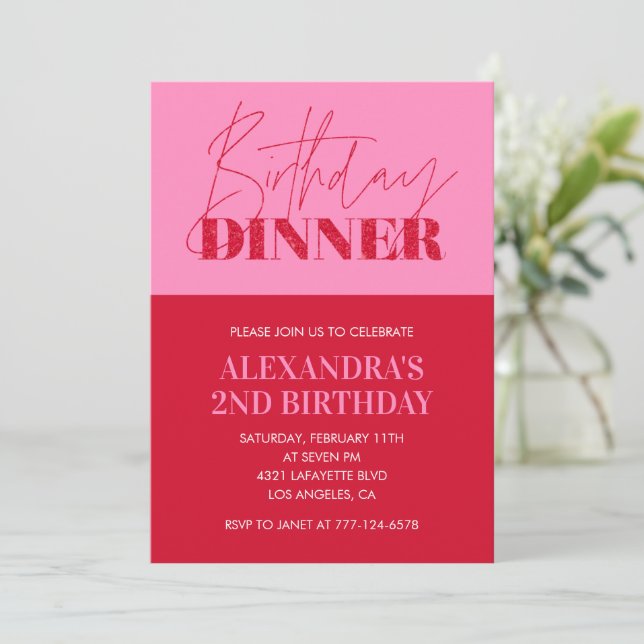 Convites de 2º aniversário rosa Jantar de Aniversá (Em pé/Frente)