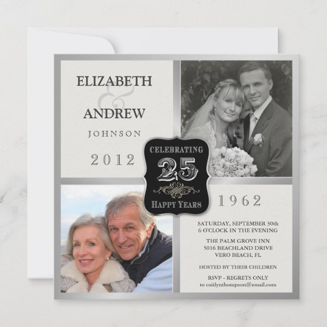Convites de 2 Fotos de Luxo para o 25º Aniversário (Frente)