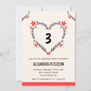 convites de 3º aniversário para ela floral coração