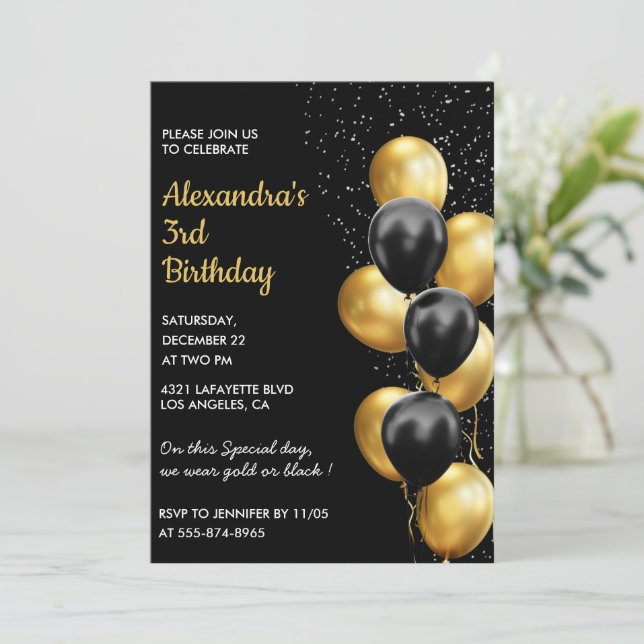 Convites de 3º aniversário preto Dourado Brilho Gl (Em pé/Frente)