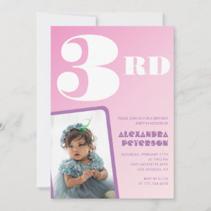 Convites de 3º aniversário Rosa Menina Foto Retro