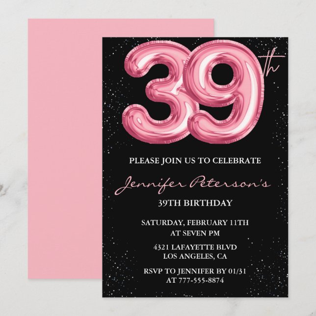 Convites de 39 anos, a preto-rosa, Balloon Glam (Frente/Verso)