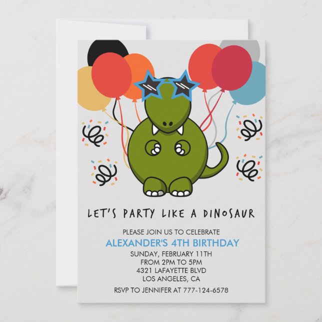 Convites de 4º aniversário de dinossauro para cria (Frente)