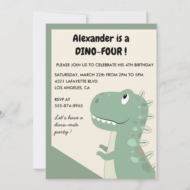 Convites de 4º aniversário de dinossauro t rex ver (Frente)