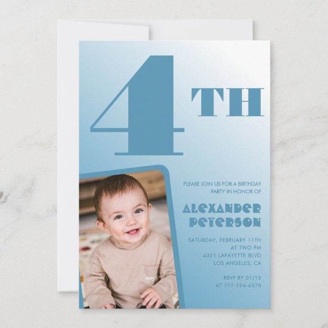 Convites de 4º aniversário de menino azul com foto (Frente)